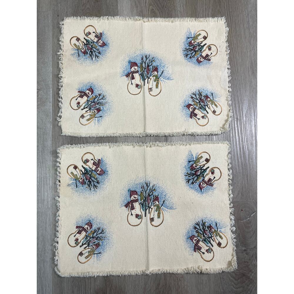 Holiday Snowman Placemats Set of 2 13x19 Winter Table‎ Decor Fringe Vintage